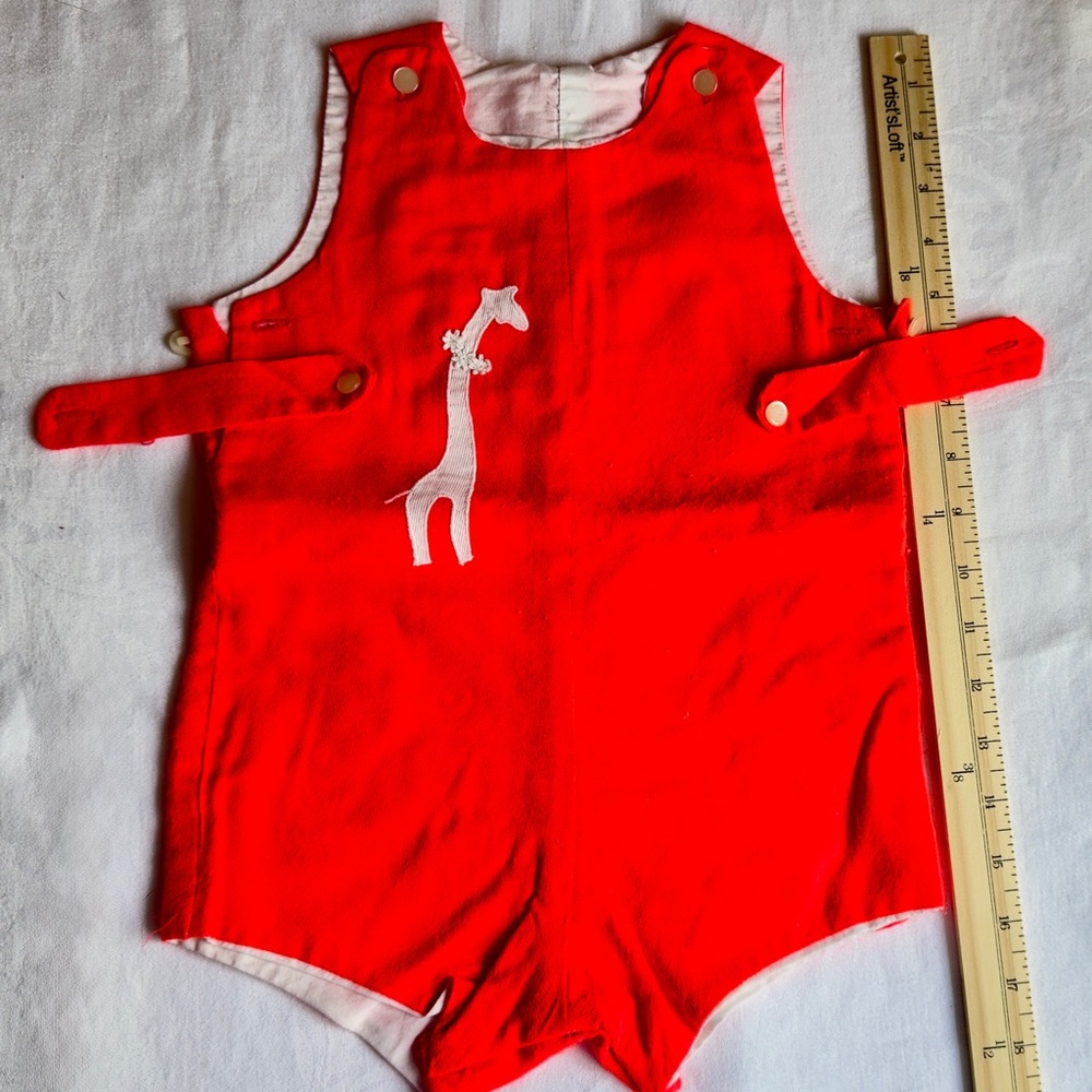 Late 60s Vintage Red Baby Romper with Giraffe Design
